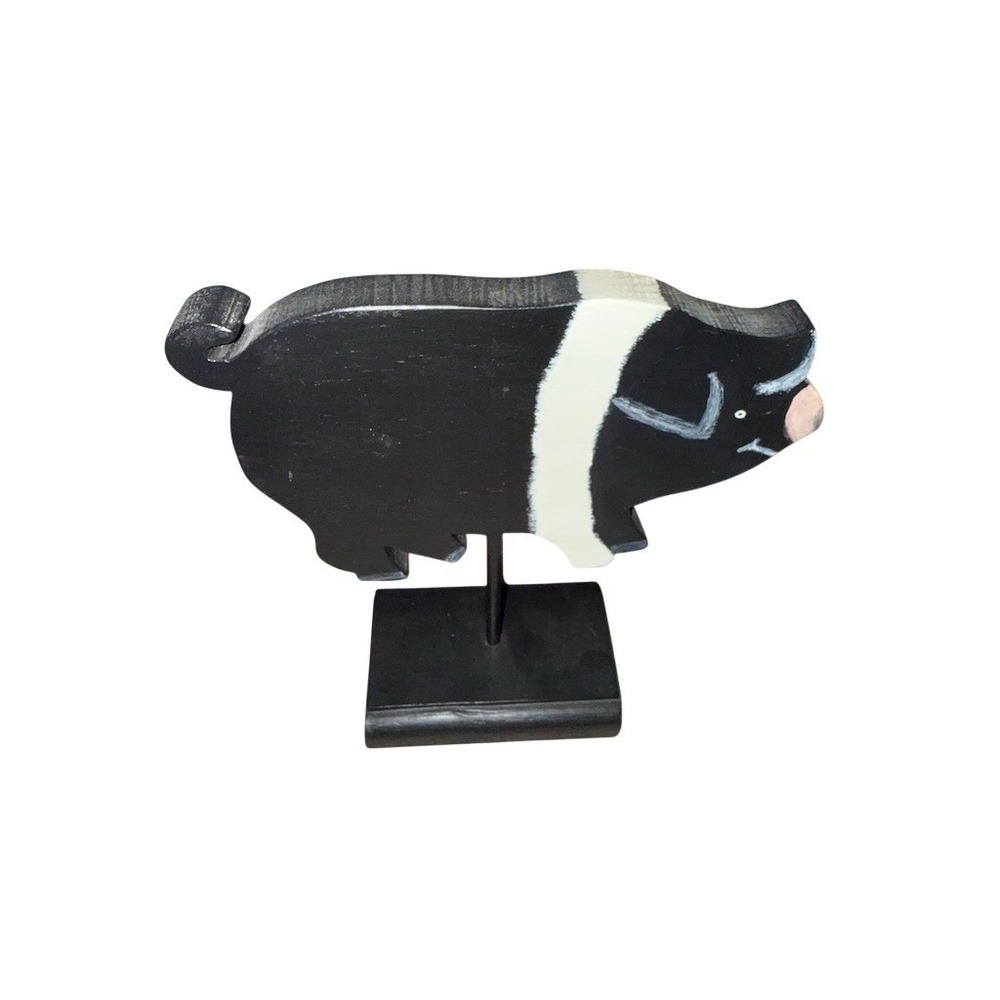 Primitive Renditions Pig Figurine on Stand Black White Pink Snout 7.5in farmcore
